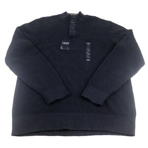 Chaps Men's Sweater Large Cable Knit Mock Neck Quarter Button Pullover Blue